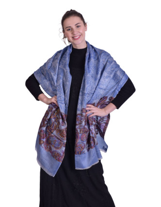Luxusný šál z kašmírovej vlny, farebný kvetinový a paisley vzor, modrý podklad