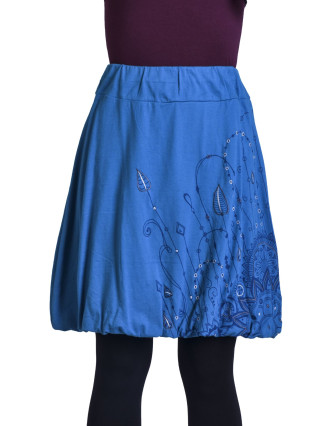 Krátka balónová sukňa, tyrkysová s potlačou a výšivkou, elastický pás