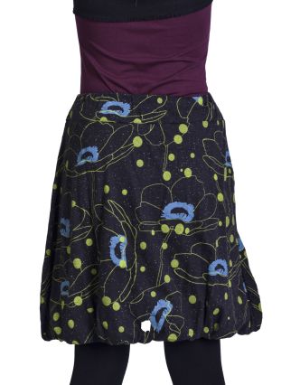 Krátka balónová sukňa, čierna s potlačou kvetín, elastický pás, bio bavlna
