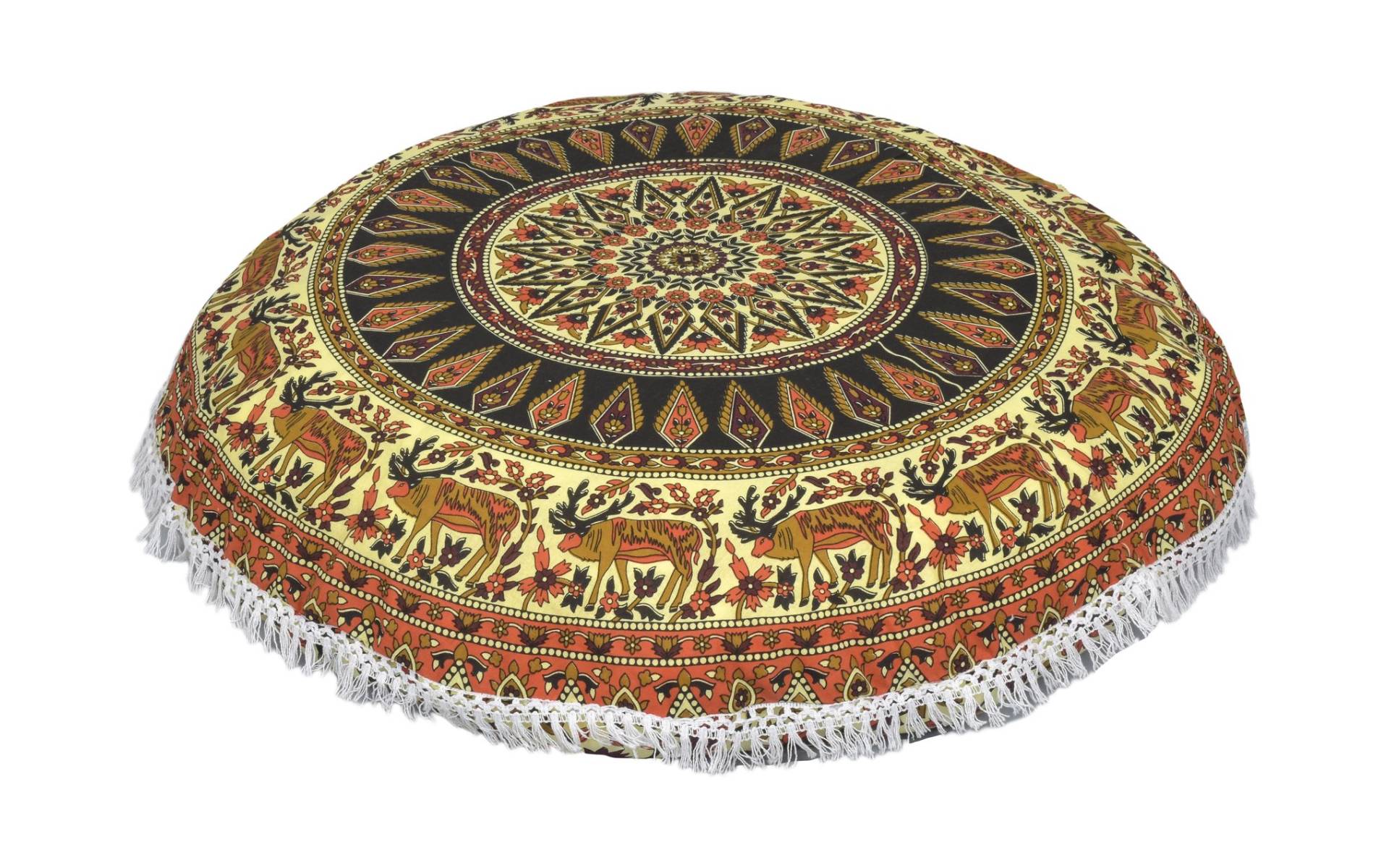 Meditačný vankúš, okrúhly, 80x13cm, čierno-oranžový, mandala a jelene, strapce