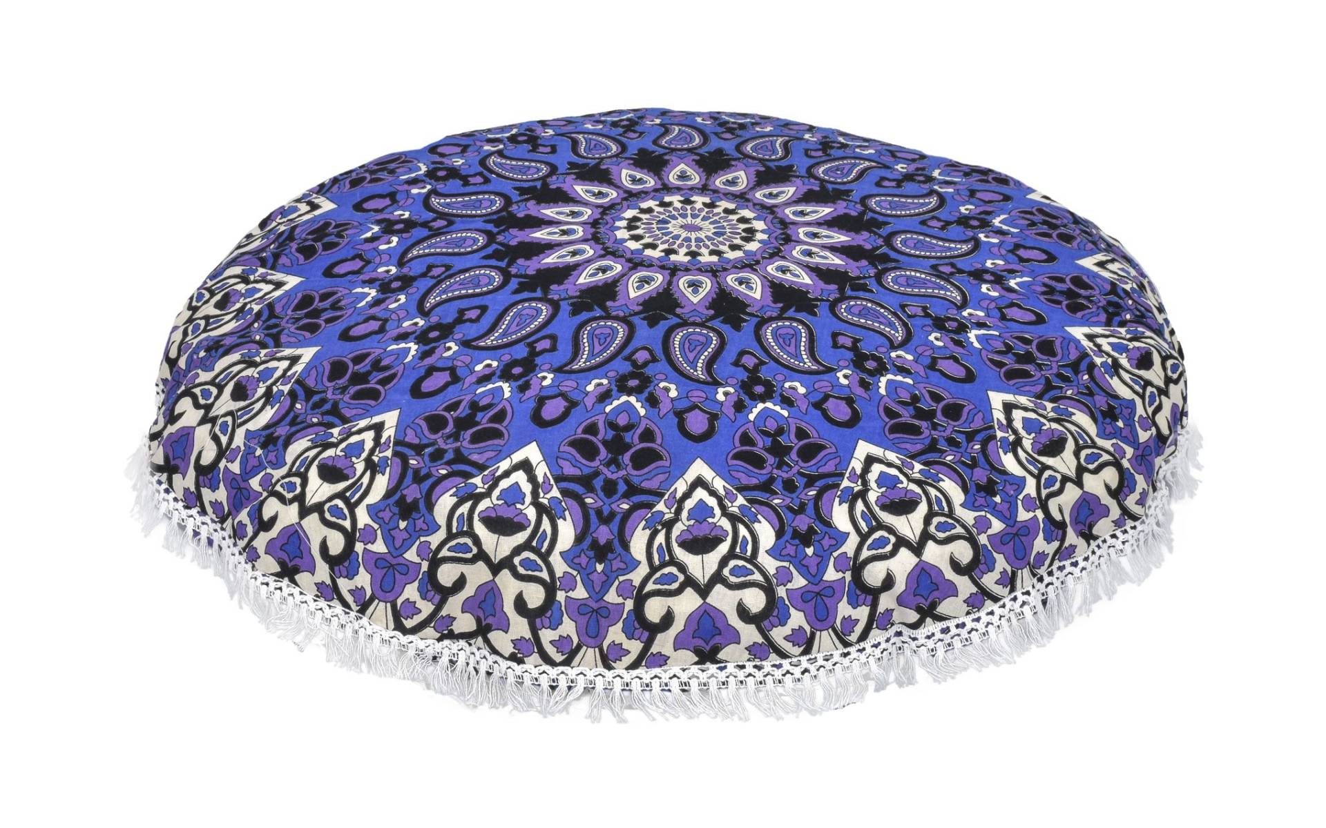 Meditačný vankúš, okrúhly, 80x13cm, modro-fialový, mandala, strapce