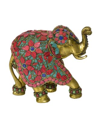 Slon, mosadzná socha zdobená polodrahokamami, 13x7x11cm