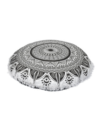 Meditačný vankúš, okrúhly, 80x13cm, čierno-biely, veľká mandala, biele strapce