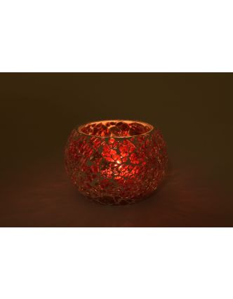 Lampička, sklenená mozaika, okrúhla, červeno-zlatá, priemer 9cm, výška 7cm