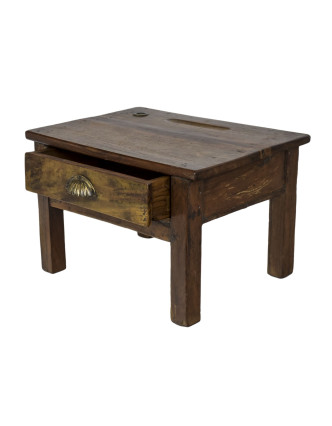 Starý kupecký stolík so šuplíkom a kalamárom z teakového dreva, 49x37x31cm