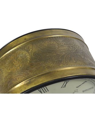 Obojstranné závesné hodiny, zlatá, kvetinový motív, zdobený mosadzný plech, 26cm