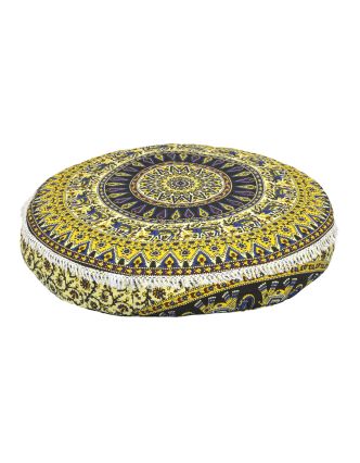 Meditačný vankúš, okrúhly, 95x15cm, žlto-modrý, mandala, strapce