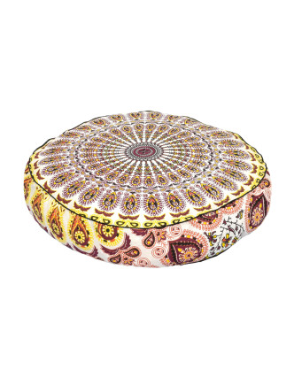 Meditačný vankúš, okrúhly, 60x13cm, bielo-vínový, pávie mandala