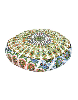 Meditačný vankúš, okrúhly, 60x13cm, bielo-zelený, pávie mandala