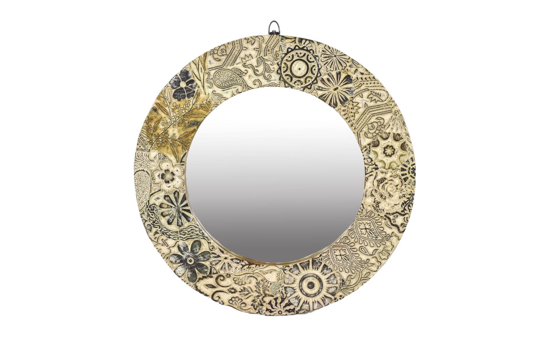 Zrkadlo v okrúhlom ráme z teakového dreva zdobené starými raznicami, 60x4x60cm