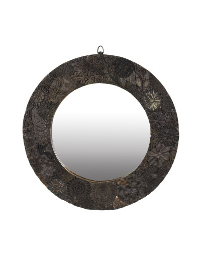 Zrkadlo v okrúhlom ráme z teakového dreva zdobené starými raznicami, 60x4x60cm