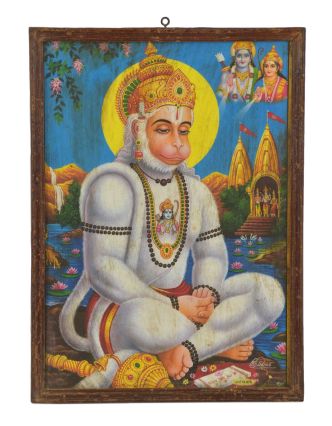 Starý obraz hinduistického božstva v teakovom ráme, Hanuman 27x2x38cm