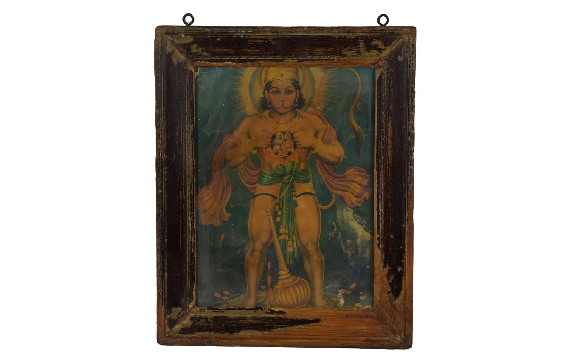 Starý obraz hinduistického božstva v teakovom ráme, Hanuman, 31x2x39cm