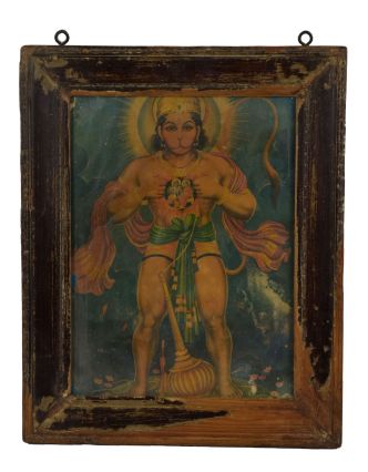 Starý obraz hinduistického božstva v teakovom ráme, Hanuman, 31x2x39cm