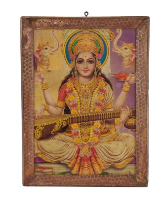 Starý obraz hinduistického božstva v teakovom ráme, Saraswati, 28x2x38cm