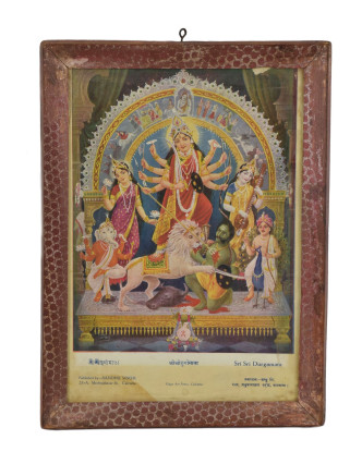 Starý obraz hinduistického božstva v teakovom ráme, Durga, 27x2x38cm