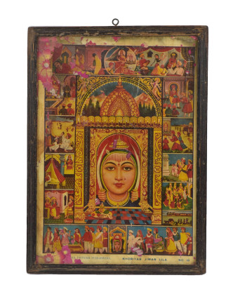Starý obraz hinduistického božstva v teakovom ráme, Khodiyar, 27x2x38cm