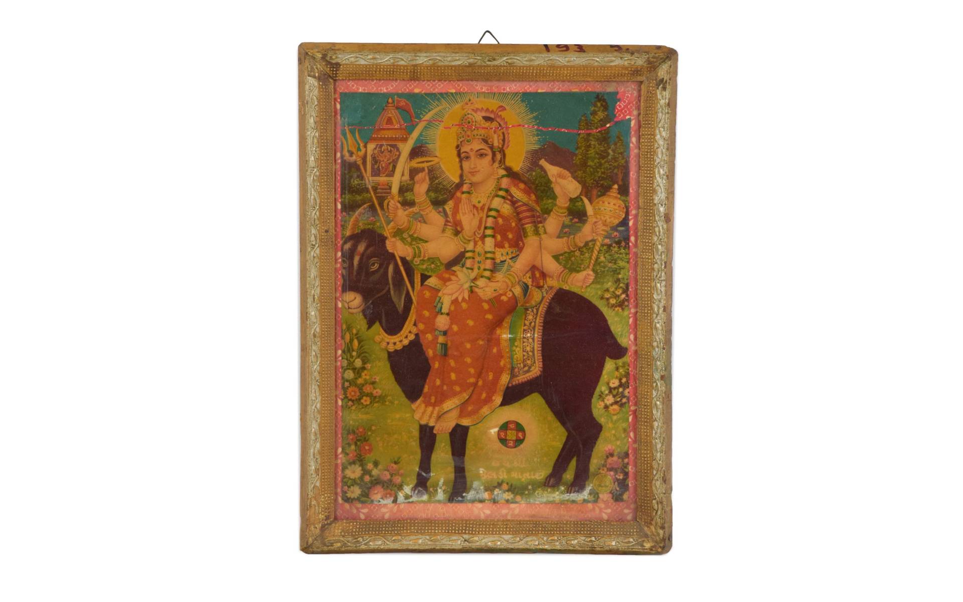 Starý obraz hinduistického božstva v teakovom ráme, 27x2x38cm