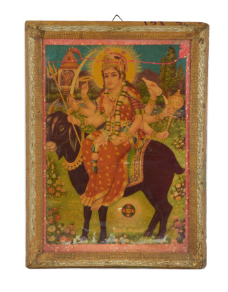 Starý obraz hinduistického božstva v teakovom ráme, 27x2x38cm