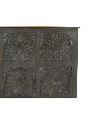 Posteľ z mangového dreva, ručne vyrezávaná, šedá patina, 180x200x140cm