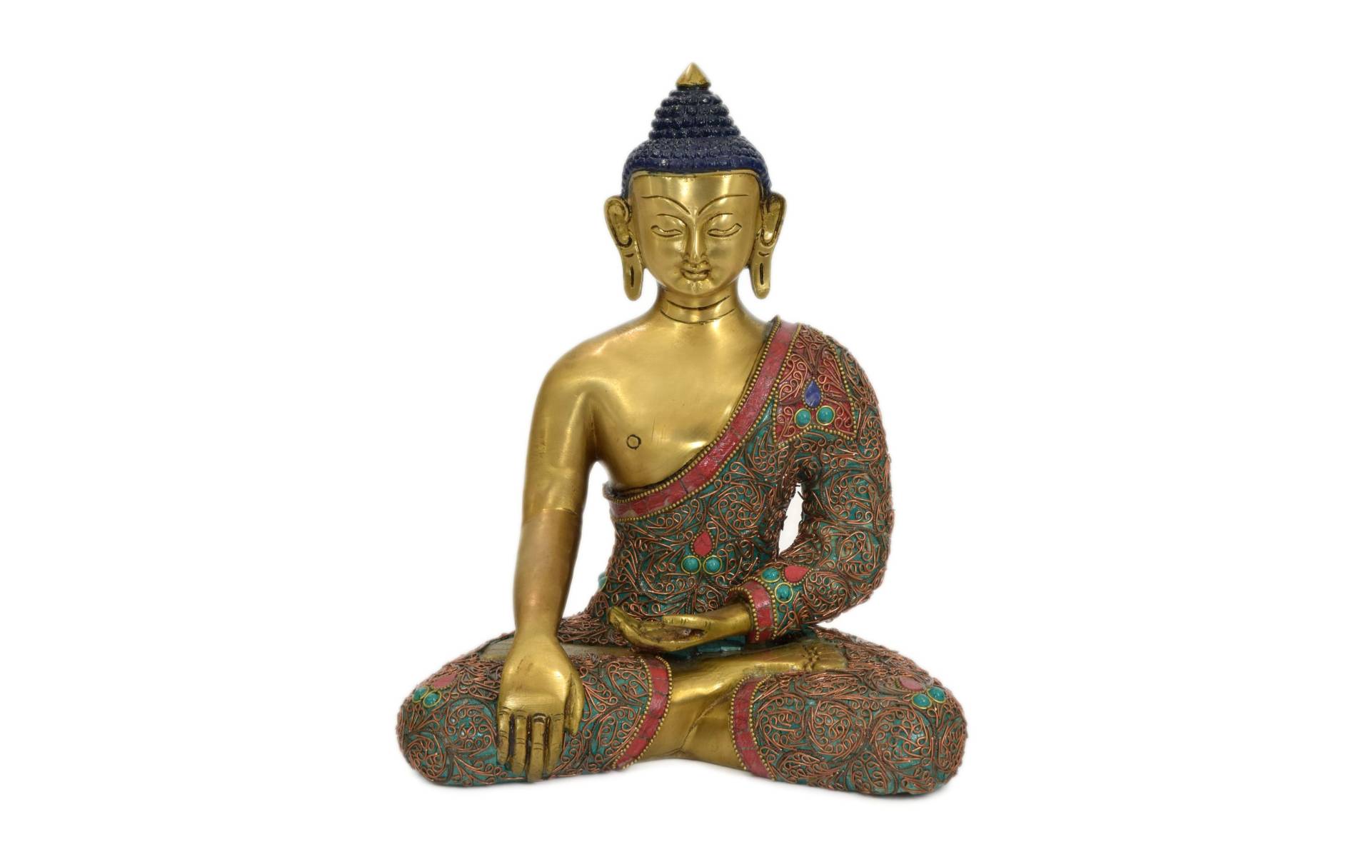 Budha Sakyamuni, mosadzná socha zdobená polodrahokamami, 22,5x13x29cm