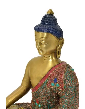 Budha Sakyamuni, mosadzná socha zdobená polodrahokamami, 22,5x13x29cm