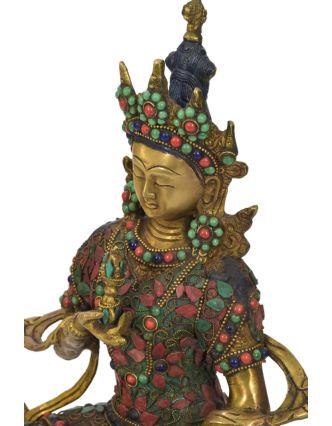Vajrasattva, mosadzná socha zdobená polodrahokamami, 21x14x32cm