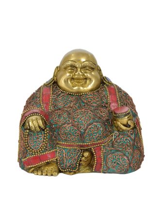 Smejúca sa Budha pre šťastie a prosperitu, mosadzná socha zdobená polodrahokamami