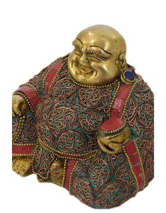 Smejúca sa Budha pre šťastie a prosperitu, mosadzná socha zdobená polodrahokamami