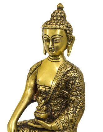 Budha Šakjamúni, mosadzná soška, 15x10x26cm