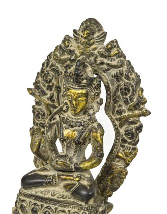 Budha sediaci na tróne, mosadzná soška, antik patina, 14cm