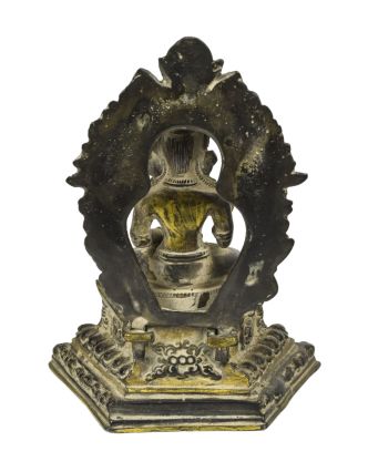 Budha sediaci na tróne, mosadzná soška, antik patina, 14cm