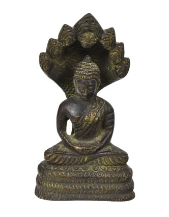 Budha s Mučalindou, mosadzná soška, antik patina, 13cm