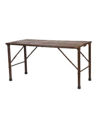 Skladací stôl, železná konštrukcia, tíkové drevo, 150x75x78cm