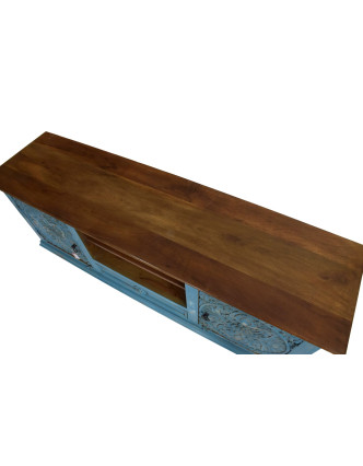 TV komoda z mangového dreva, ručne vyrezávané dvierka, tyrkysová, 165x43x65cm