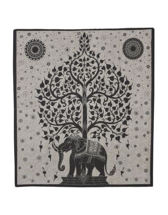 Prikrývka s tlačou, Slon a strom života, hnedo-béžový podklad, čierna tlač, 210x202