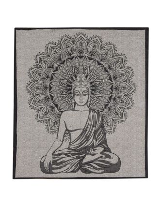 Prikrývka s tlačou, Budha, hnedo-béžový podklad, čierna tlač, 210x202cm
