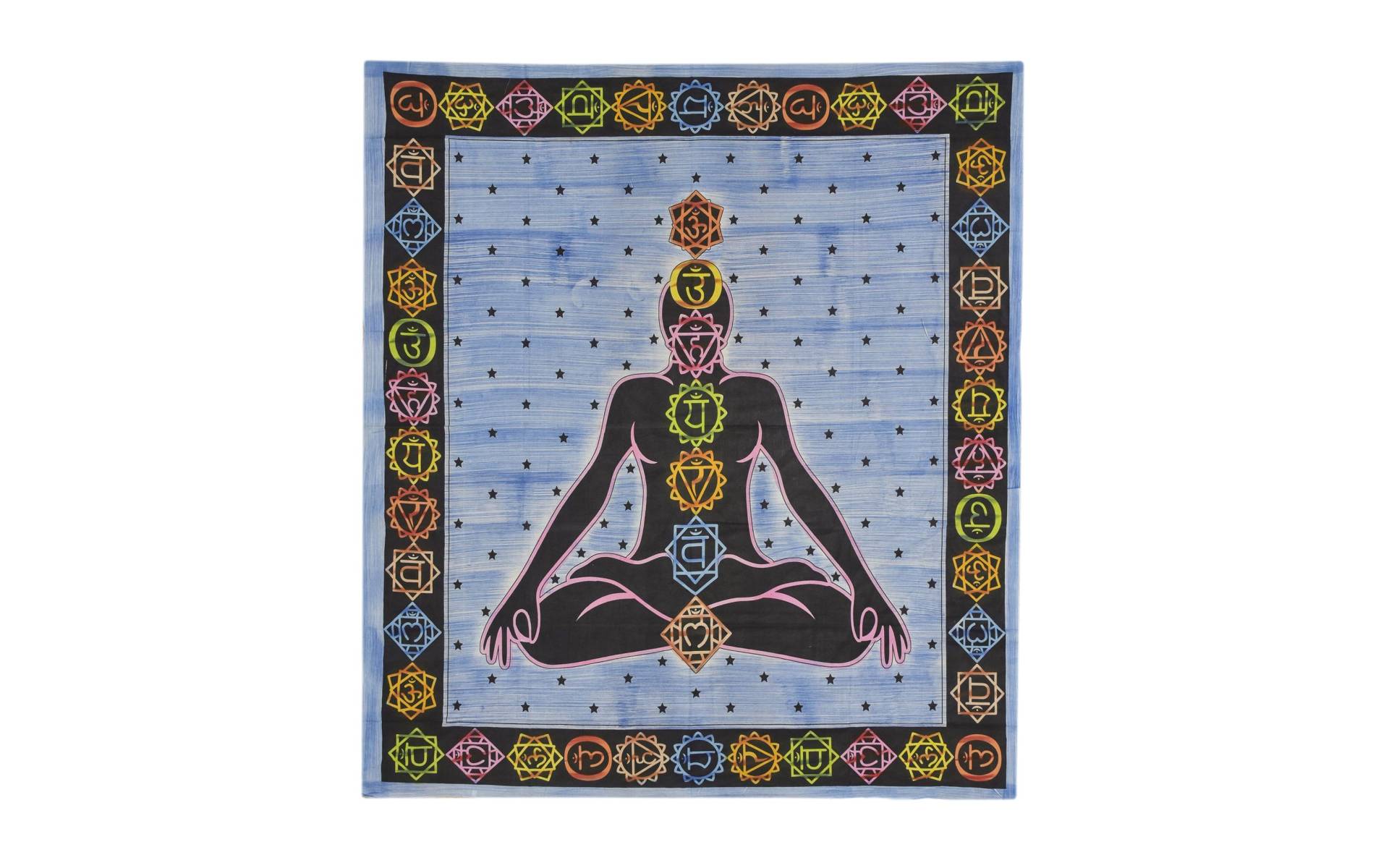 Prikrývka na posteľ, Chakra Yoga, modrá, čierna tlač, 210x240cm