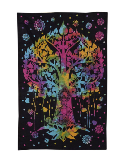 Prikrývka na posteľ, strom života a Budha, farebná batika, 200x140cm