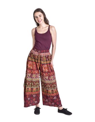 Nohavicová sukňa, široké nohavice, vínové so slonmi a pávmi