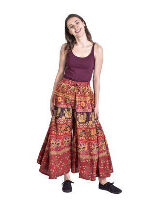 Nohavicová sukňa, široké nohavice, červené so slonmi a pávmi
