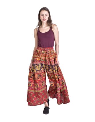 Nohavicová sukňa, široké nohavice, červené so slonmi a pávmi