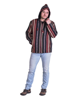 Unisex nepálska ghari bunda s kapucňou, červená, podšívka, zapínanie na zips