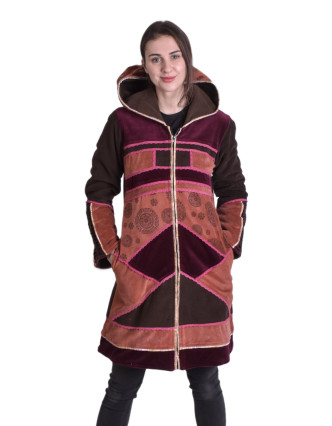 Vínovo-hnedý zamatový kabátik s kapucňou, patchwork a Chakra tlač