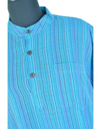 Pruhovaná pánska košeľa-kurta s dlhým rukávom a vreckom, tyrkysová