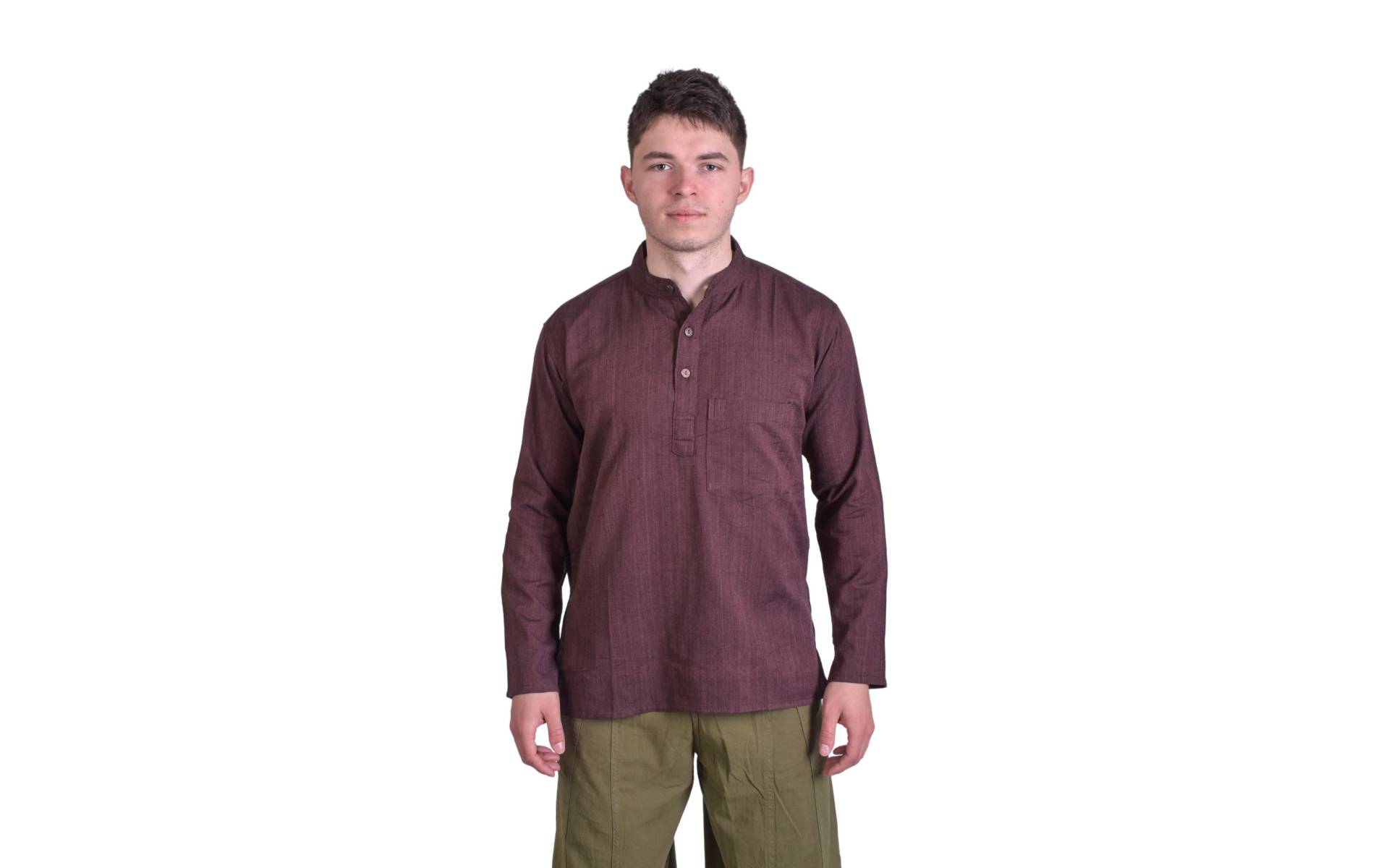 Hnedá pánska košeľa-kurta s dlhým rukávom a vreckom
