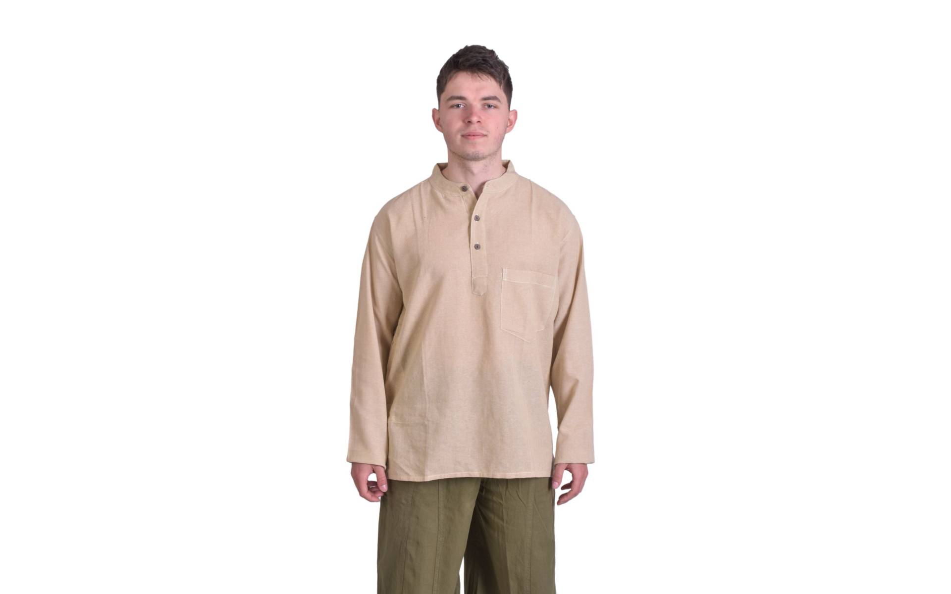 Béžová pánska košeľa-kurta s dlhým rukávom a vreckom