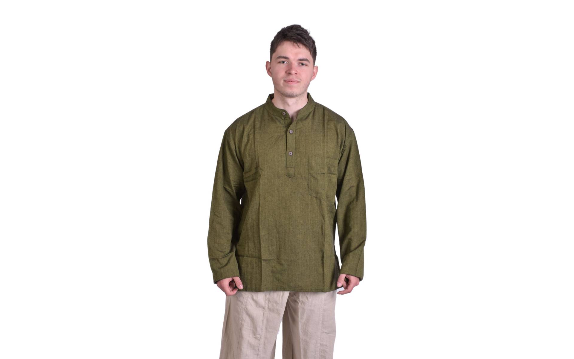 Kaki pánska košeľa-kurta s dlhým rukávom a vreckom