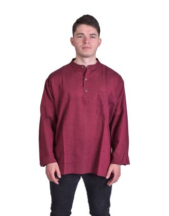 Vínová pánska košeľa-kurta s dlhým rukávom a vreckom