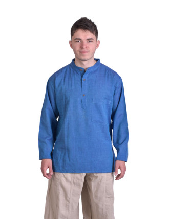 Modrá pánska košeľa-kurta s dlhým rukávom a vreckom